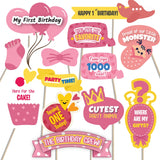 First Birthday Party Photo Booth Props Pink for Baby Girl , 1st Birthday Decorations for Girl , Kids Birthday Party Decoration Items- 38 Pieces