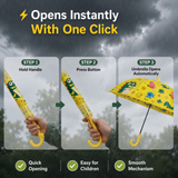 Crackles Kids PG Fabric Umbrella for Rain | Cute Cartoon Print | One Click Open | Telescopic Safety Cover | No Pinching Design | Lightweight Non-Foldable School Umbrella for Boys & Girls