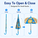 Crackles Kids PG Fabric Umbrella for Rain | Cute Cartoon Print | One Click Open | Telescopic Safety Cover | No Pinching Design | Lightweight Non-Foldable School Umbrella for Boys & Girls