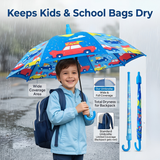 Crackles Kids PG Fabric Umbrella for Rain | Cute Cartoon Print | One Click Open | Telescopic Safety Cover | No Pinching Design | Lightweight Non-Foldable School Umbrella for Boys & Girls