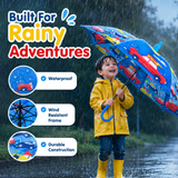Crackles Kids PG Fabric Umbrella for Rain | Cute Cartoon Print | One Click Open | Telescopic Safety Cover | No Pinching Design | Lightweight Non-Foldable School Umbrella for Boys & Girls
