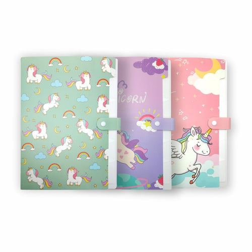 Unicorn File Folder with Button Lock – Unicorn Theme Certificates Holder with 6 Layers, Office Documents File, Expandable Folders for Documents (Pack of 1, Multi Color & Print)