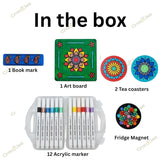 DIY Mandala Art Kit with 5 MDF Cutouts & 12 Acrylic Color Pens – Art Board, Tea Coasters, Bookmark & Fridge Magnet – DIY Craft Kit, Creative Activity & Gift for Kids & Adults