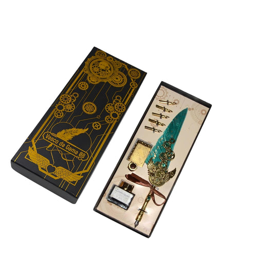 Vintage Classic Carving Quill Feather Pen Set | Feather Pen Set | Pen Set Fountain Dip Pen, Pen Stand and Ink Set || Antique Calligraphy Writing Pen with Ink - Random Color Feather