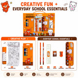 19 Pieces Cute Bear Stationery Gift Set for Kids 3-10 Years, Bear Theme Metal Pencil Box, 12 Wax Crayons, 2 Pencils, Colouring Roll, Ruler, Eraser & Sharpener for Boys and Girls