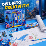 19 Pieces Stationery Gift Set for Kids 3-10 Years, Underwater Sea Theme Metal Pencil Box, 12 Wax Crayons, 2 Pencils, Colouring Roll, Ruler, Eraser & Sharpener for Boys and Girls