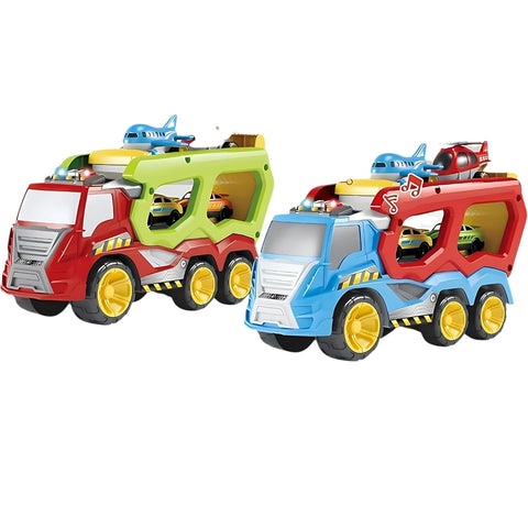Jumbo Transport Truck Toy for Kids | Big 2-Layer Carrier with Light & Sound | Includes Helicopter, Aeroplane & 2 Cars | Friction Powered Mega Hauler Vehicle Playset, Multi Color