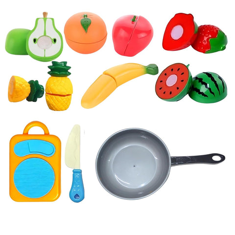Colourful Realistic Pretend Play Kitchen Toys Sliceable Fruits Play Set Toys - with Knife, Chopping Board and Pan -10 Pcs Multi color