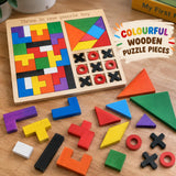3 in 1 Wooden Puzzle Toy for Kids, Tangram, Tic Tac Toe & Building Blocks, Montessori Educational Brain Development Logic & IQ Game, Shape Sorter Learning Toy, Birthday Gift for Boys & Girls