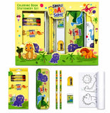 19 Pieces Dinosaur Stationery Gift Set for Kids 3-10 Years, Dino Theme Metal Pencil Box, 12 Wax Crayons, 2 Pencils, Colouring Roll, Ruler, Eraser & Sharpener for Boys and Girls