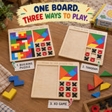 3 in 1 Wooden Puzzle Toy for Kids, Tangram, Tic Tac Toe & Building Blocks, Montessori Educational Brain Development Logic & IQ Game, Shape Sorter Learning Toy, Birthday Gift for Boys & Girls
