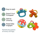 Colourful Baby Rattles & Teethers Set (Pack of 4 with Shake Ball) | Newborn Sensory Toy Set for 0 Months+ | Soft Infant Rattle Toys for Early Development  Non-Toxic Plastic Infant Toy Gift Set