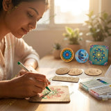 DIY Madhubani Art Kit with 5 MDF Cutouts & 12 Acrylic Color Pens – Art Board, Tea Coasters, Bookmark & Fridge Magnet – DIY Craft Kit, Creative Activity & Gift for Kids & Adults