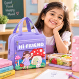 Cartoon Print Insulated Lunch Bag with Cutlery Pocket for Kids