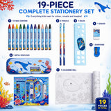 19 Pieces Stationery Gift Set for Kids 3-10 Years, Underwater Sea Theme Metal Pencil Box, 12 Wax Crayons, 2 Pencils, Colouring Roll, Ruler, Eraser & Sharpener for Boys and Girls