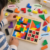 3 in 1 Wooden Puzzle Toy for Kids, Tangram, Tic Tac Toe & Building Blocks, Montessori Educational Brain Development Logic & IQ Game, Shape Sorter Learning Toy, Birthday Gift for Boys & Girls