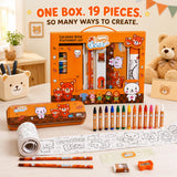 19 Pieces Cute Bear Stationery Gift Set for Kids 3-10 Years, Bear Theme Metal Pencil Box, 12 Wax Crayons, 2 Pencils, Colouring Roll, Ruler, Eraser & Sharpener for Boys and Girls