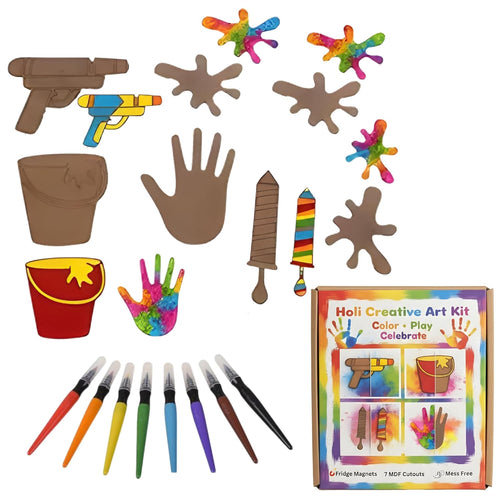DIY Coloring Activity Kit for Kids | 7 MDF Paint & Color Cutouts with Washable Water Color Pens | Creative Art & Craft Set for Boys & Girls | DIY Craft Toy, School Activity & Return Gift