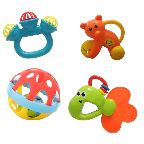 Colourful Baby Rattles & Teethers Set (Pack of 4 with Shake Ball) | Newborn Sensory Toy Set for 0 Months+ | Soft Infant Rattle Toys for Early Development  Non-Toxic Plastic Infant Toy Gift Set