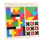 3 in 1 Wooden Puzzle Toy for Kids, Tangram, Tic Tac Toe & Building Blocks, Montessori Educational Brain Development Logic & IQ Game, Shape Sorter Learning Toy, Birthday Gift for Boys & Girls