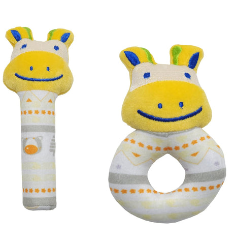 Combo Pack of Giraffe Face Rattle Soft Toy with Squeeze Handle for Squeaky Sound and Rattle Sound and a Round Rattle (Random Multi Color)