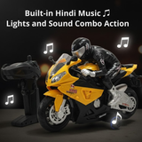 2.4GHz Remote Control Bike with Real Smoke Effect, Hindi Music & Lights | 4 Direction + 360° Rotation RC Motorcycle | Rechargeable Battery Included | Remote Bike Toy for Kids Boys & Girls