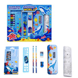 19 Pieces Stationery Gift Set for Kids 3-10 Years, Underwater Sea Theme Metal Pencil Box, 12 Wax Crayons, 2 Pencils, Colouring Roll, Ruler, Eraser & Sharpener for Boys and Girls