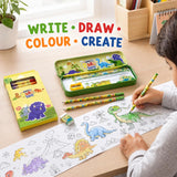 19 Pieces Dinosaur Stationery Gift Set for Kids 3-10 Years, Dino Theme Metal Pencil Box, 12 Wax Crayons, 2 Pencils, Colouring Roll, Ruler, Eraser & Sharpener for Boys and Girls