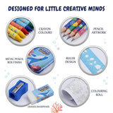 19 Pieces Stationery Gift Set for Kids 3-10 Years, Underwater Sea Theme Metal Pencil Box, 12 Wax Crayons, 2 Pencils, Colouring Roll, Ruler, Eraser & Sharpener for Boys and Girls