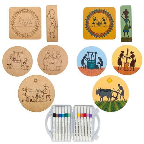 Warli Art DIY Kit with 12 Acrylic Markers | Wooden MDF Painting Kit with Coasters, Fridge Magnet, Bookmark & Art Board | Screen-Free Creative Gift for Kids, Return Gift & Hobby Kit