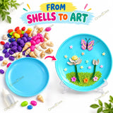 DIY Shell Art Kit for Kids Boys & Girls Age 3+ | 3D Seashell Mosaic Craft Kit with Plate, Glue, Brush, Shells & Colourful Stones | Creative Art & Craft Activity for Children 4-12 Years Old