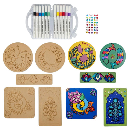 Pichwai DIY Art Kit for Kids & Adults | MDF Laser Cut Painting Kit with 12 Acrylic Markers, Tea Coasters, Bookmark, Jharokha & Art Board | Craft Kit with Gems | Return Gift & Hobby Set