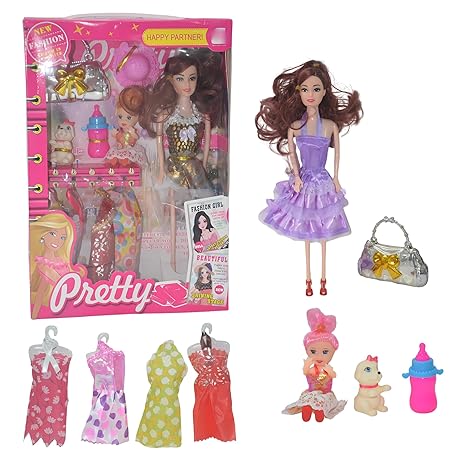 Fashion Doll Set for Girls with 5 Outfits, Hat, Purse, Feeding Bottle & Baby Doll – Pretend Play Dress Up Doll Toys for Girls Aged 3, 4, 5, 6, 7 Years Old