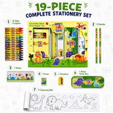 19 Pieces Dinosaur Stationery Gift Set for Kids 3-10 Years, Dino Theme Metal Pencil Box, 12 Wax Crayons, 2 Pencils, Colouring Roll, Ruler, Eraser & Sharpener for Boys and Girls