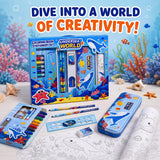 19 Pieces Stationery Gift Set for Kids 3-10 Years, Underwater Sea Theme Metal Pencil Box, 12 Wax Crayons, 2 Pencils, Colouring Roll, Ruler, Eraser & Sharpener for Boys and Girls