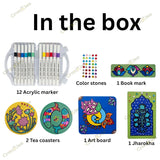 Pichwai DIY Art Kit for Kids & Adults | MDF Laser Cut Painting Kit with 12 Acrylic Markers, Tea Coasters, Bookmark, Jharokha & Art Board | Craft Kit with Gems | Return Gift & Hobby Set