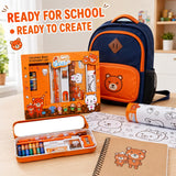 19 Pieces Cute Bear Stationery Gift Set for Kids 3-10 Years, Bear Theme Metal Pencil Box, 12 Wax Crayons, 2 Pencils, Colouring Roll, Ruler, Eraser & Sharpener for Boys and Girls