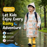 Kids Printed Raincoat for Boys & Girls, Hooded Waterproof Rain Coat with Full Sleeves and Front Button Closure for 8-11 Years Girls and Boys, Child Height 110–130 cm