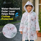 Kids Printed Raincoat for Boys & Girls, Hooded Waterproof Rain Coat with Full Sleeves and Front Button Closure for 8-11 Years Girls and Boys, Child Height 110–130 cm