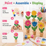 DIY Wooden Flower Painting Kit for Kids, Art and Craft Kits with Wooden Plant, 4 Paint Colours & Brush, Birthday Return Gifts, School Party Favours for Boys and Girls 6-10 years