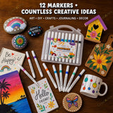 Acrylic Marker Pens Set | 12 Shades Multi-Surface Paint Markers for Rock, Wood, Glass, Ceramic & Fabric Painting | Art Craft, Calligraphy, Doodling, Sketching & DIY Projects