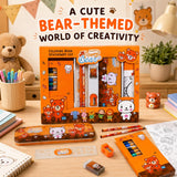 19 Pieces Cute Bear Stationery Gift Set for Kids 3-10 Years, Bear Theme Metal Pencil Box, 12 Wax Crayons, 2 Pencils, Colouring Roll, Ruler, Eraser & Sharpener for Boys and Girls