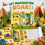 19 Pieces Dinosaur Stationery Gift Set for Kids 3-10 Years, Dino Theme Metal Pencil Box, 12 Wax Crayons, 2 Pencils, Colouring Roll, Ruler, Eraser & Sharpener for Boys and Girls