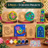Pichwai DIY Art & Craft Kit for Kids & Adults | MDF Wooden Painting Kit with 5 Projects, 6 Paint Colours, Brush & Gems | Coasters, Bookmark, Jharokha & Art Board | Creative Hobby Gift for kids