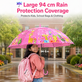 Crackles Kids PG Fabric Umbrella for Rain | Cute Cartoon Print | One Click Open | Telescopic Safety Cover | No Pinching Design | Lightweight Non-Foldable School Umbrella for Boys & Girls