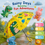 Crackles Kids PG Fabric Umbrella for Rain | Cute Cartoon Print | One Click Open | Telescopic Safety Cover | No Pinching Design | Lightweight Non-Foldable School Umbrella for Boys & Girls