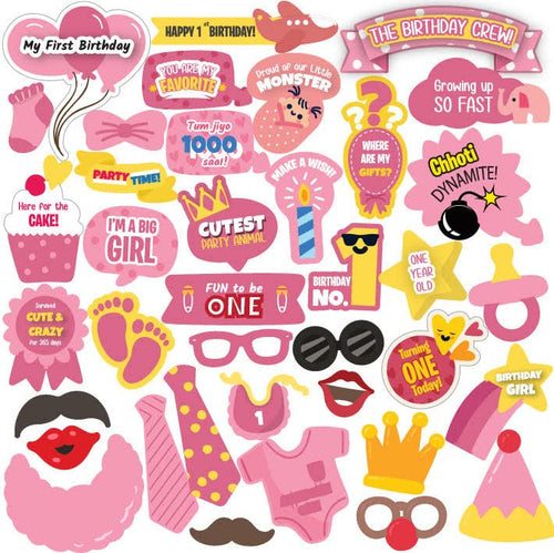 First Birthday Party Photo Booth Props Pink for Baby Girl , 1st Birthday Decorations for Girl , Kids Birthday Party Decoration Items- 38 Pieces