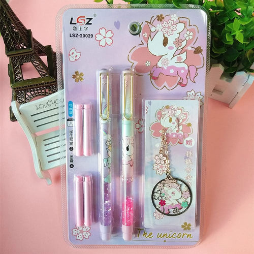 Cute Unicorn Glittery Fountain Pen Set With Book Mark For Girls Stationery Writing Set For Kids (2 Pens, 4 Refills and 1 Bookmark)- Multi Color