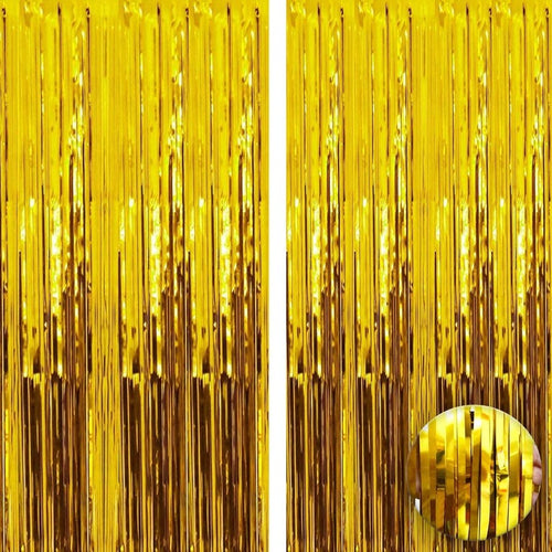 Metallic Fringe Gold Curtains Large Size 3 ft x 10 ft for Birthday, Anniversaries, Graduation, Retirement, Baby Shower, New Year Decoration- Pack of 2