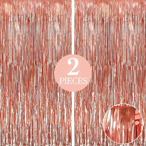 Metallic Fringe Rose Gold Curtains Large Size 3 ft x 10 ft for Birthday, Anniversaries, Graduation, Retirement, Baby Shower, New Year Decoration- Pack of 2